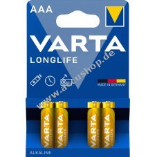 Varta Batterien AAA LR03 Alkaline Micro Longlife 1,5V 4er Blister